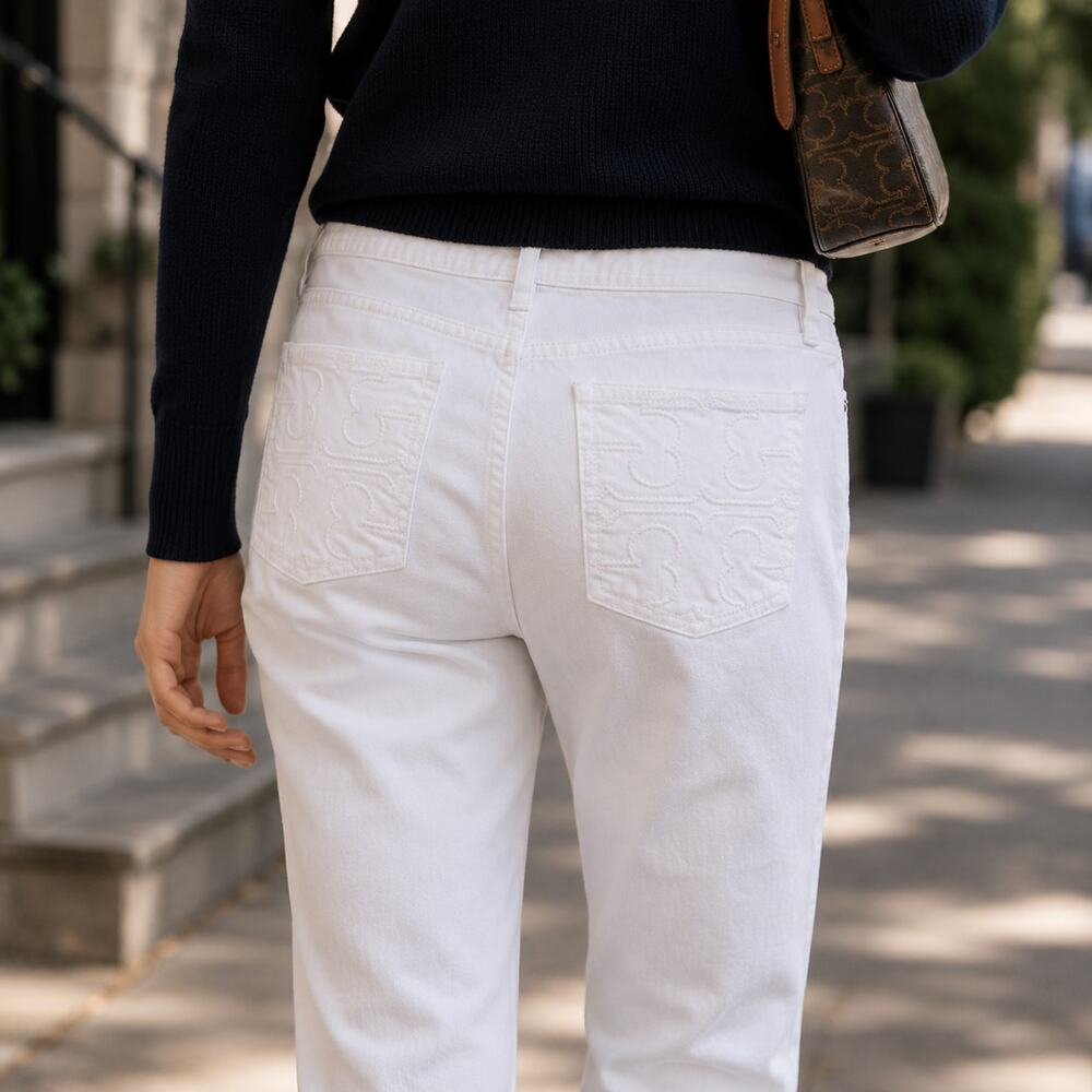 Tory Burch White Cropped Slim Boot Cut Jeans Size 28 Luxury Denim Logo Pockets